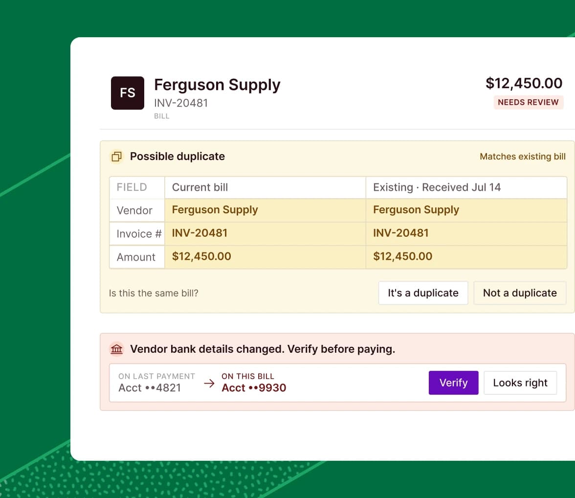 Miter flags a Ferguson Supply bill (INV-20481, $12,450) for review, detecting a possible duplicate of an existing bill and a changed vendor bank account before payment.