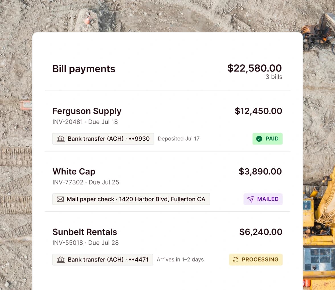Miter bill payments view totaling $22,580 across 3 bills, showing Ferguson Supply paid by ACH, White Cap mailed as a paper check, and Sunbelt Rentals processing via ACH—each with its own payment method and status.